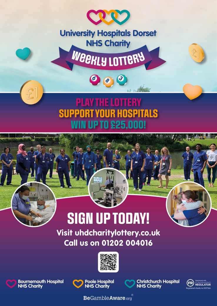 Image of nurses in a riverside field together with the wording "Play the lottery. Support your hospitals. Win up to £25,000."