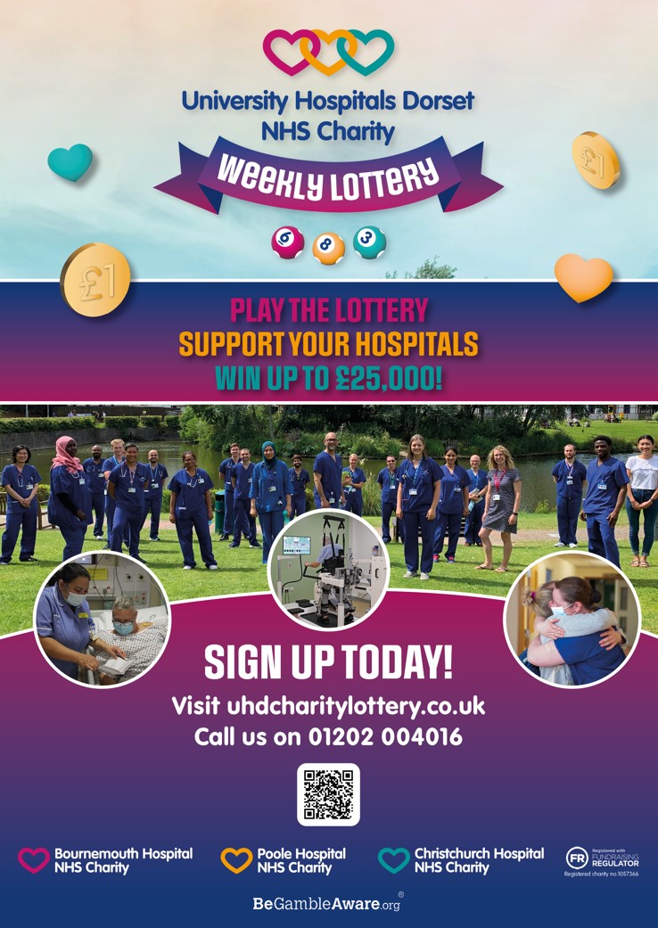 Image of nurses in a riverside field together with the wording "Play the lottery. Support your hospitals. Win up to £25,000."